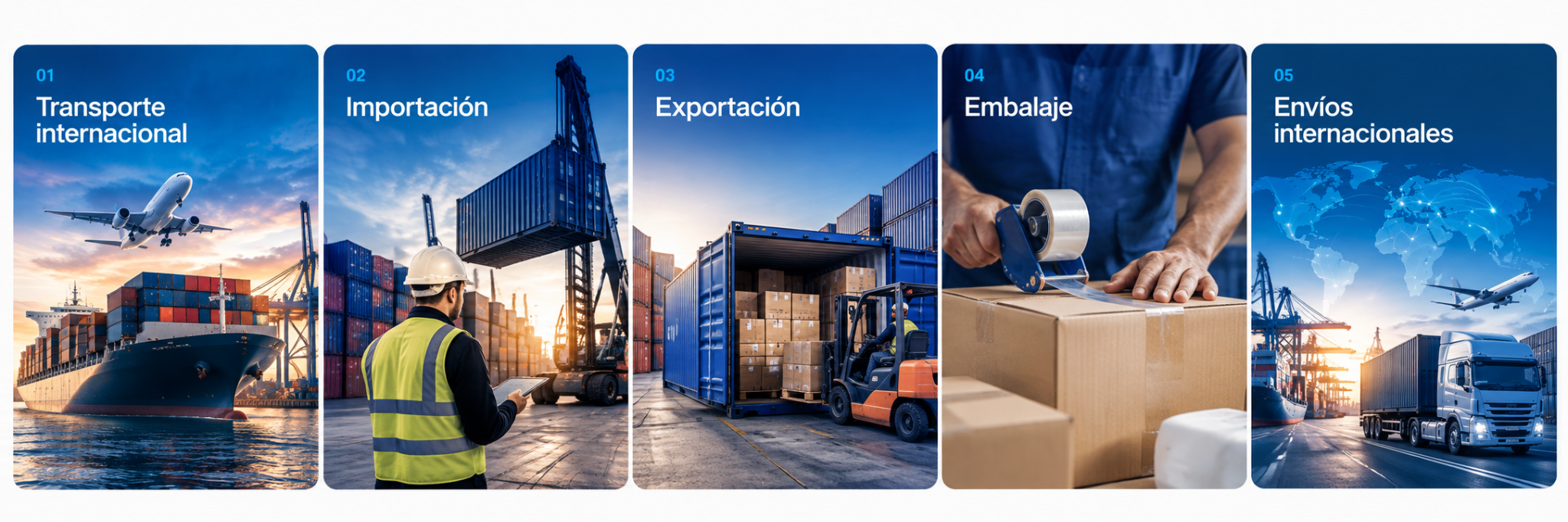 Transporte internacional, importación, exportación, embalaje y envíos internacionales